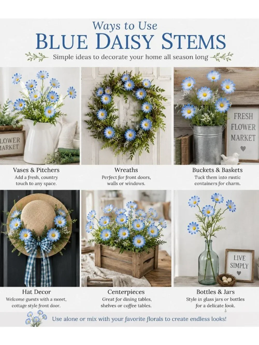 Cosmos Blue Ombre Artificial Wildflowers Set of 2 Farmhouse